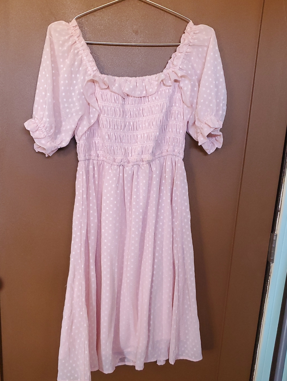 Smocked Square-Neck Midi Dress in Blush Pink